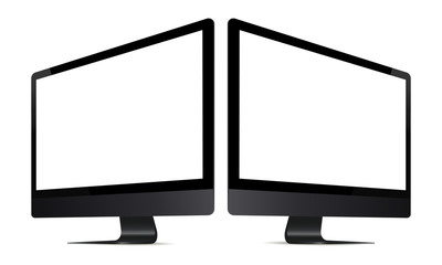 Computer monitor mockup with perspective view. Two black monitors with blank screens isolated on white background. Vector illustration - obrazy, fototapety, plakaty