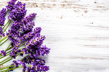 Fototapeta Fresh flowers of lavender bouquet, top view on white wooden background obraz