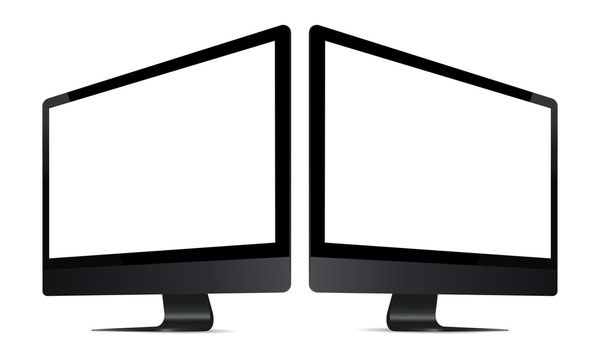 Computer monitor mockup with perspective view. Two black monitors with blank screens isolated on white background. Vector illustration