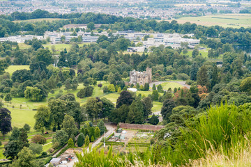 View of Airthrey Castle and Stirling University Campus from Ochil Hills near Blairlogie, Scotland