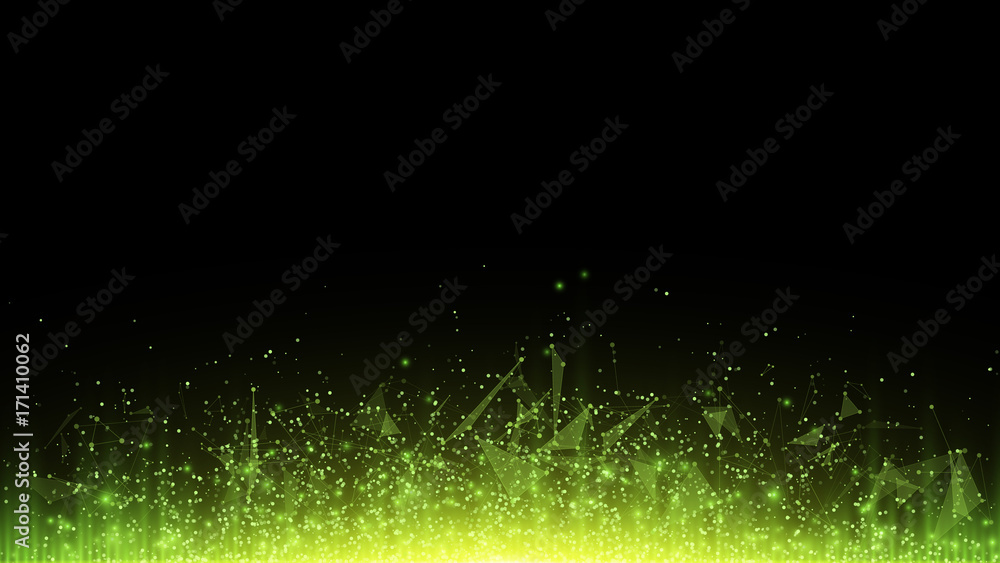 Poster abstract polygonal background from connected triangles and dots. glowing particles and green rays of
