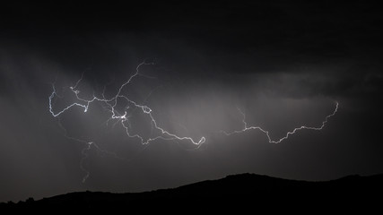 Lightning strike over mountain range, panorama