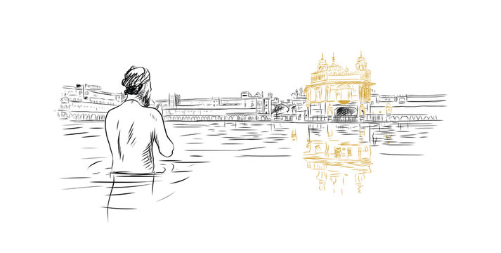 Hand drawn sketch of Golden Temple Amritsar India in vector illustration.