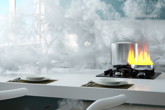 Kitchen on fire with a lot of smoke 3d rendering