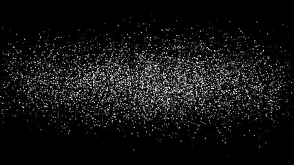 Abstract white dust of round shape is isolated on a black background. Spraying of fine particles. Horizontal position. White powder. Vector