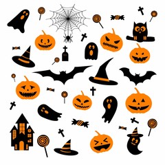 Happy Halloween design elements with ghost pumpkin, castle, bat, hat, spider web for greeting card, poster, banner, Vector illustration icon