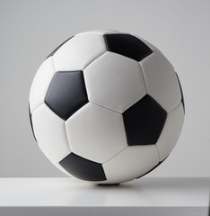 Soccer or football ball close up image on light grey background.