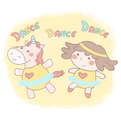 Cute little girl and female unicorn dancing ballet in tutu skirts, colorful vector hand drawn style illustration