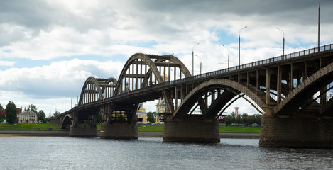 Fototapeta na wymiar cathedral and motor road bridge rybinsk