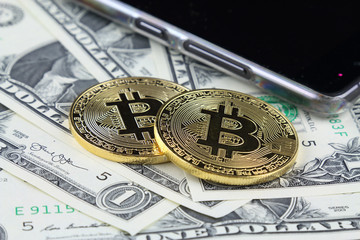 Physical version of Bitcoin (new virtual money) on banknotes of one dollar. Exchange bitcoin cash...
