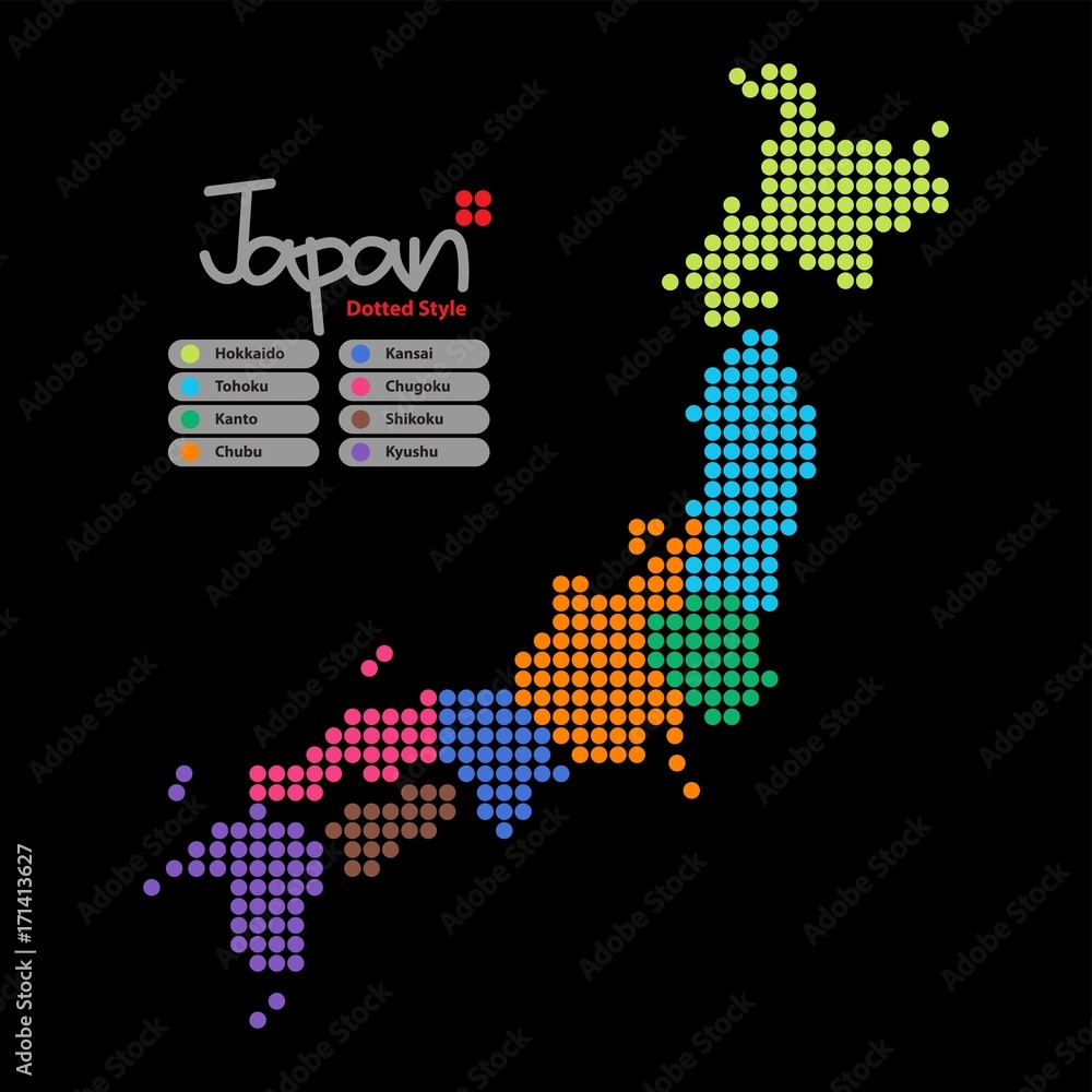Poster japan map of circle shape with the provinces colorful on a black background. vector illustration dot
