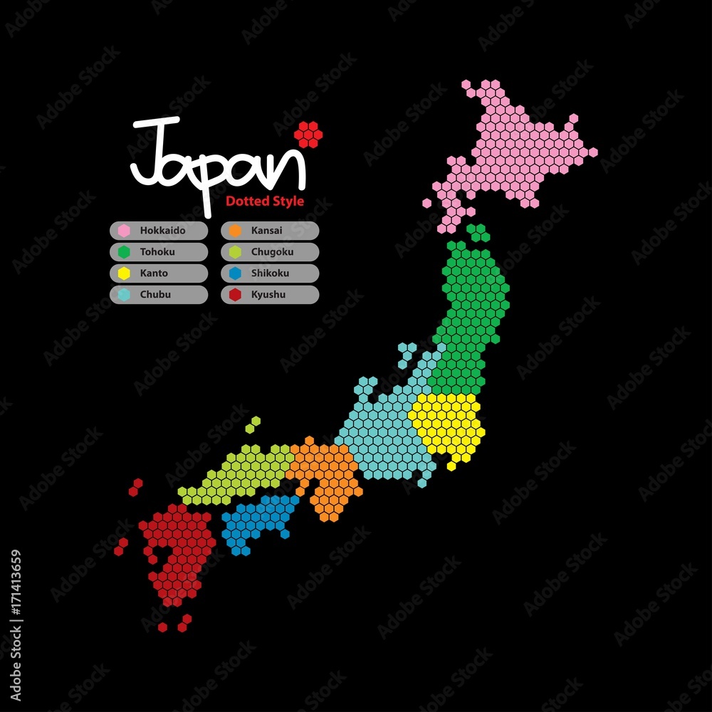 Poster Japan Map of Hexagon shape with the continent in a different color on a black background. Vector illustration dotted style.