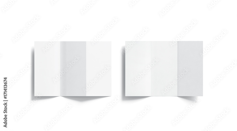 Fototapete blank white tri folded booklets mockups set, opened top view, 3d rendering. plain trifold brochures 