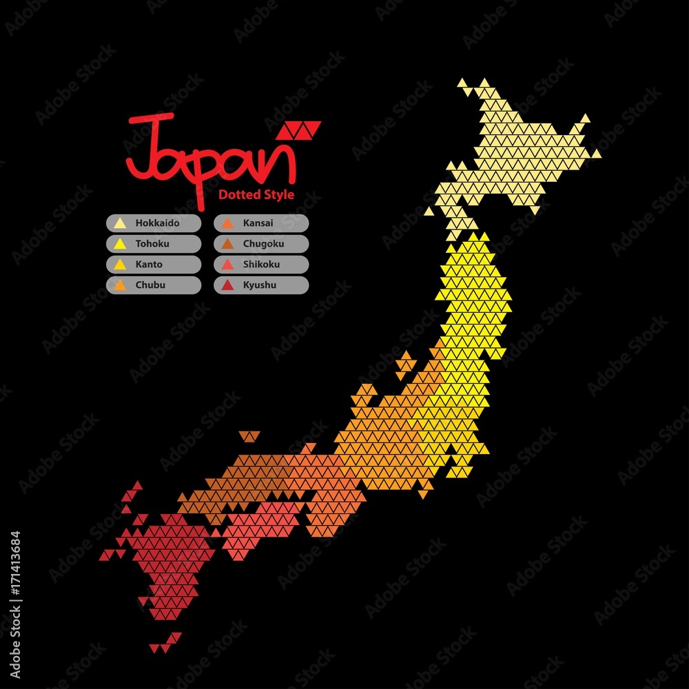 Aufkleber Japan Map of triangle shape with the continent in a different color on a black background. Vector illustration dotted style.