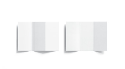 Blank white tri folded booklets mockups set, opened top view, 3d rendering. Plain trifold brochures...