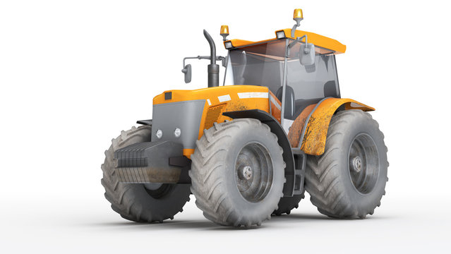 Dirty wheel agricultural tracktor isolated on white background. Front side view