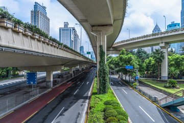 city elevated road closeup, under the interchange overpass , shanghai, China