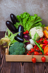 Fresh autumn vegetables in wooden box organic food