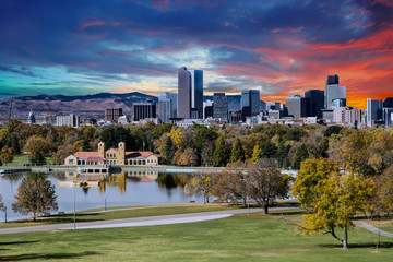 Denver Skyline and Mountains Beyond Lake