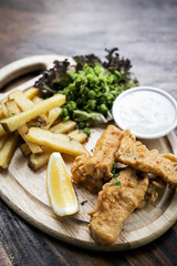 fish and chips with peas and tartar sauce