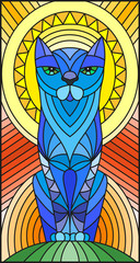 Illustration in stained glass style with abstract blue geometric cat