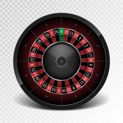Realistic black casino roulette wheel isolated on transparent background. American gambling roulette wheel. Vector illustration.