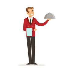 Smiling waiter character serving a meal under a silver cloche, hotel service vector Illustration