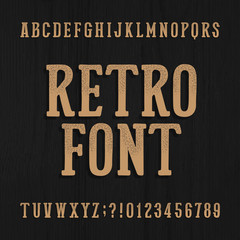 Hand drawn vintage typeface. Retro alphabet font. Type letters and numbers on a rough wooden background. Stock vector typeset for your headers or any typography design.