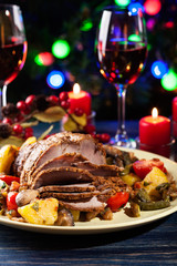 Juicy roast pork on the holiday table