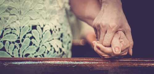 Close up prayer's hand pray in church, Pastor pray to God, with blank copy space