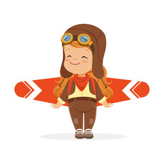 Happy little boy in pilot costume playing with wings, kid dreaming of piloting the plane vector Illustration © topvectors
