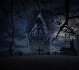 Human skull scream, grass, dead tree, cross, birds with church over spooky cloudy sky, Halloween...
