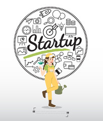 Gardener character with startup icons on white background