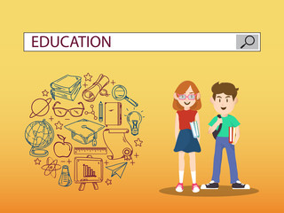 Boy and girl with education search engine bar illustration design.vector