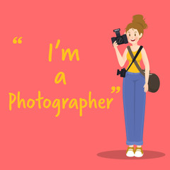 Photographer character with camera on red background