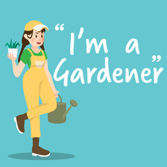 Gardener character with watering bucket on sky blue background