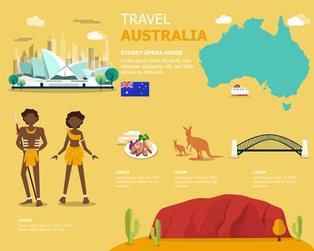 Map of the Australia and landmark icons for traveling