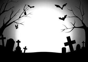 happy halloween with graveyard silhouette background, black halloween party greeting, vector illustration