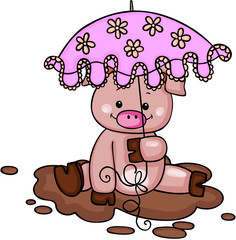 Little pig in the mud with umbrella
