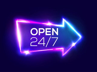 Open 24 7 Hours. Night Club Neon Sign. 3d Retro Light Bar Arrow Pointer With Neon Effect. Techno Frame On Dark Blue Backdrop. Electric Street Banner Design. Colorful Vector Illustration in 80s Style.