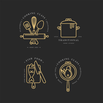 Cooking class linear design elements, kitchen emblems, symbols, icons or food studio labels and badges collection.