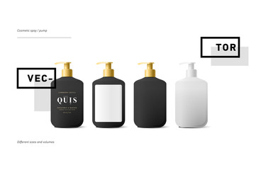 Set of realistic black bottle of liquid soap in white background. Cosmetic bottle for a cream, shampoo, oil, gel