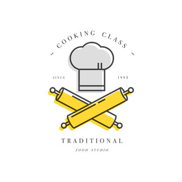 Cooking class linear design element, kitchen emblem, symbol, icon or food studio label.