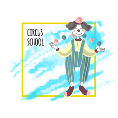 Template of circus show poster. A clown juggles balls. Vector illustration, isolated on white background.