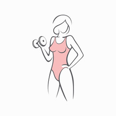Sporty fit woman in the gym. Picture of a beautiful sexy girl with dumbbells in her hands. Vector illustration of a graphic outline silhouette