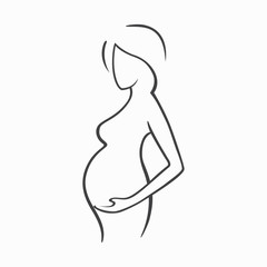 Drawing linear beautiful pregnant girl. Gynecological medicine stock illustration. Silhouettes of women Graphic vector icon