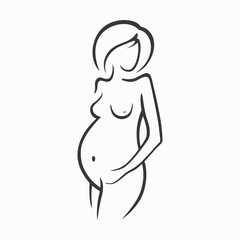 Drawing linear beautiful pregnant girl. Gynecological medicine stock illustration. Silhouettes of women Graphic vector icon