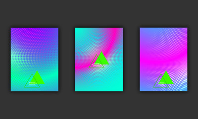 Neon halftone abstract flyer design set, vector illustration. Glowing futuristic pattern, gradient cover, disco club invitation concept.