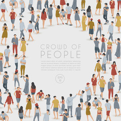 Crowd of People Standing in Circle Shaped Frame on White Background : Vector Illustration