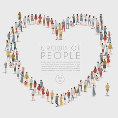 Crowd of People Standing in Heart Shaped Frame on White Background : Vector Illustration